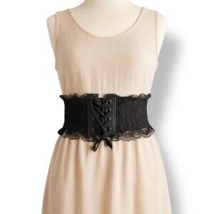 Deadstock Vintage Y2K Black Lace Corset Belt Leather Trim Statement Wide Cincher